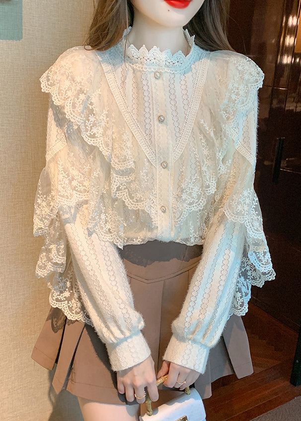 Apricot Button Original Design Patchwork Lace Shirt Stand Collar
