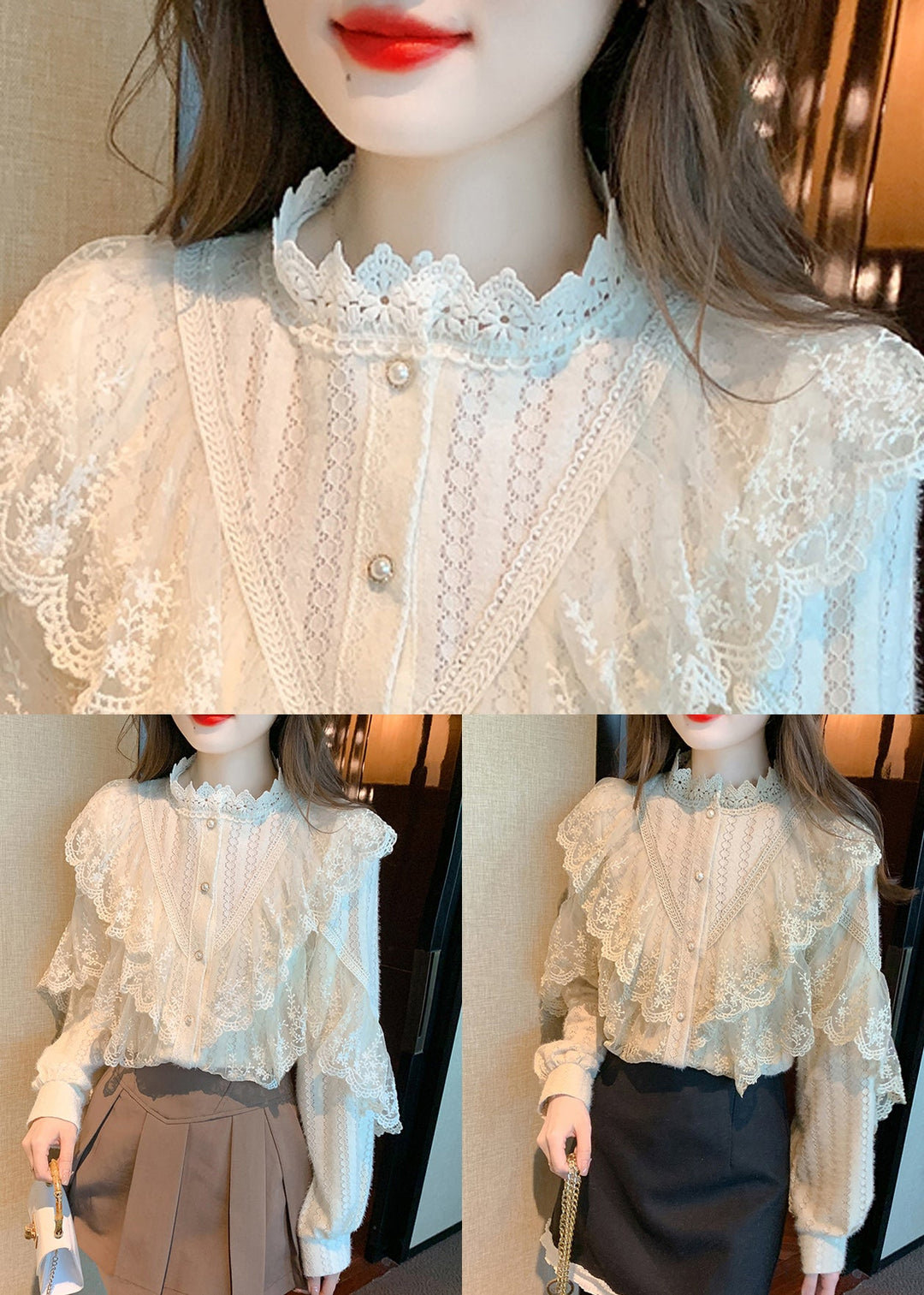 Apricot Button Original Design Patchwork Lace Shirt Stand Collar