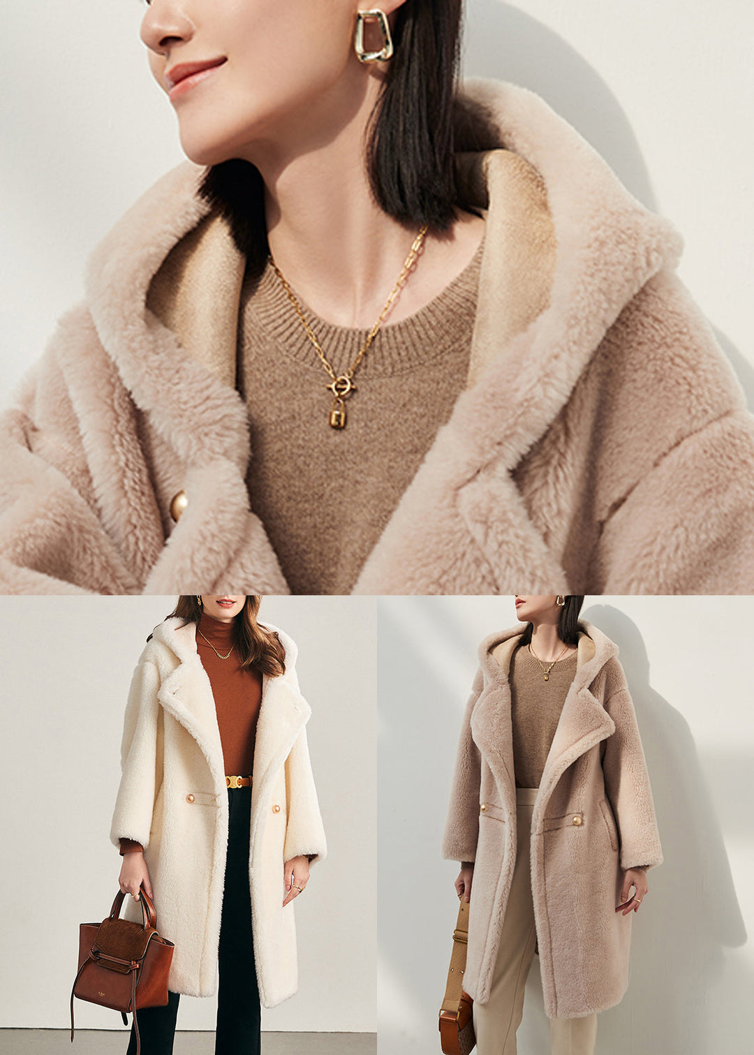 Apricot Button Pockets Woolen Winter Coat Hooded