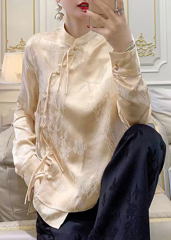 Apricot Button Silk Blouse Stand Collar Long Sleeve