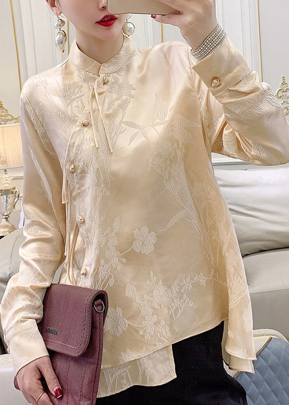 Apricot Button Silk Blouse Stand Collar Long Sleeve