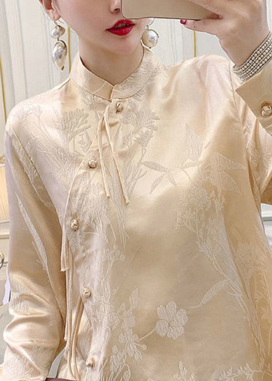 Apricot Button Silk Blouse Stand Collar Long Sleeve