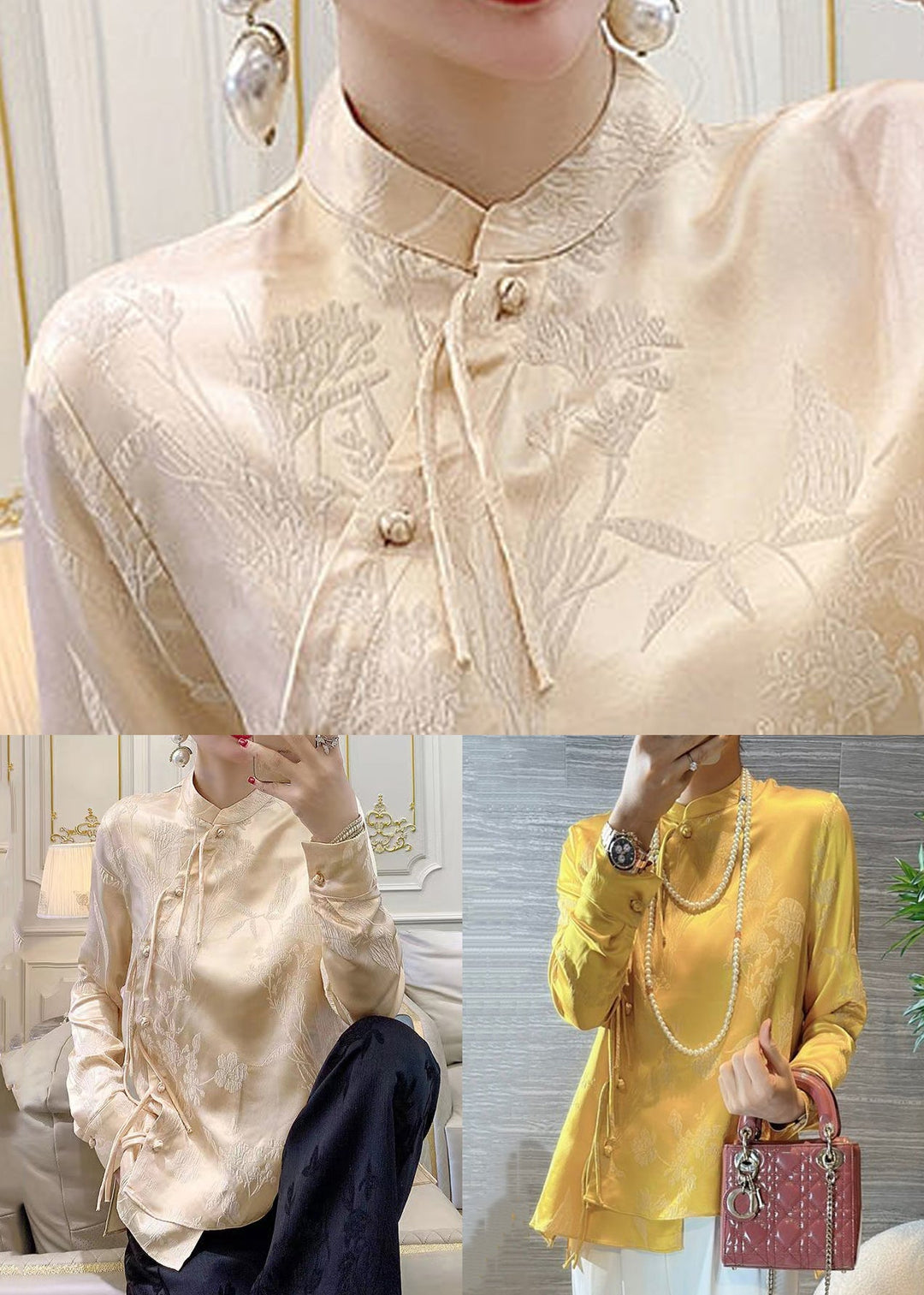 Apricot Button Silk Blouse Stand Collar Long Sleeve