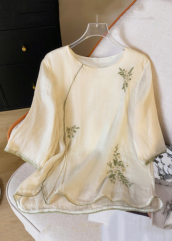 Apricot Button Tasseled Cotton Shirt Embroidered Spring