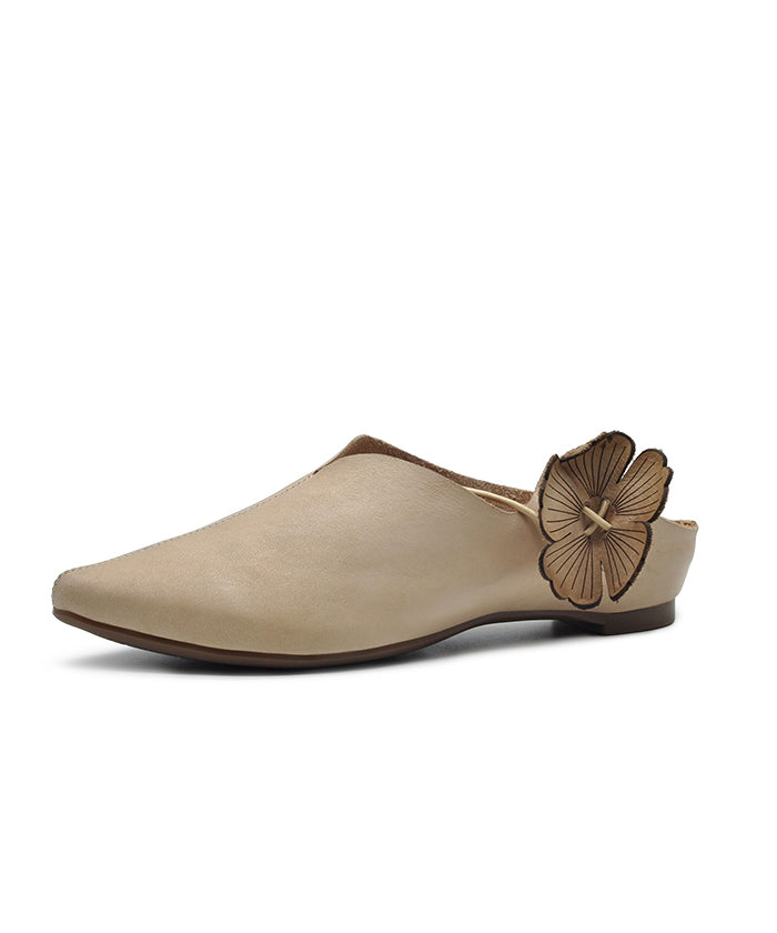 Apricot Cowhide Leather Sandals Splicing Floral Pointed Toe
