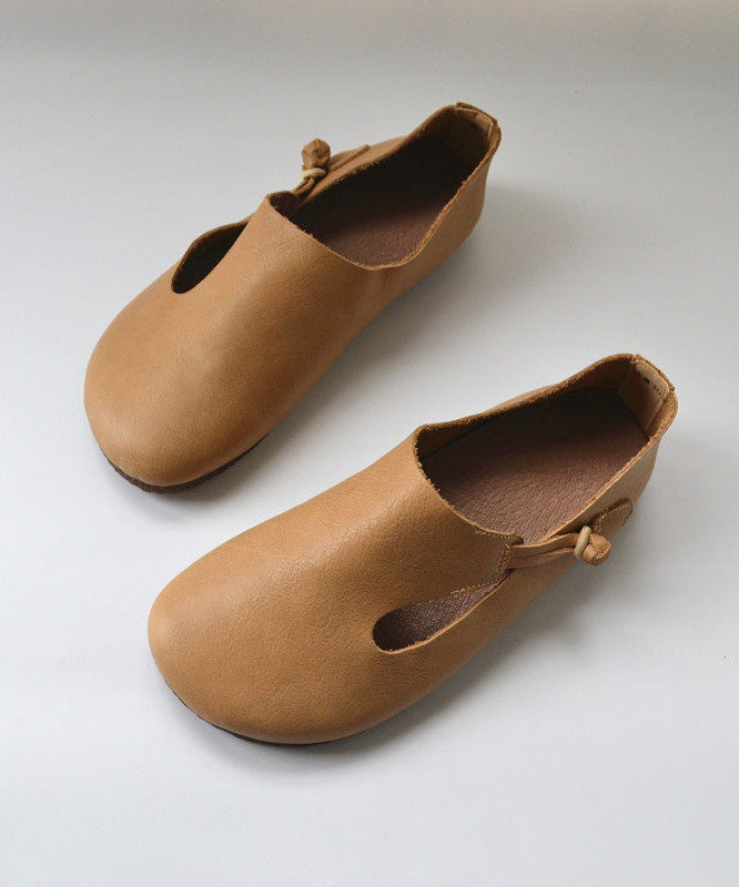 Apricot Cowhide Leather Splicing Flat Shoes For Women - Omychic
