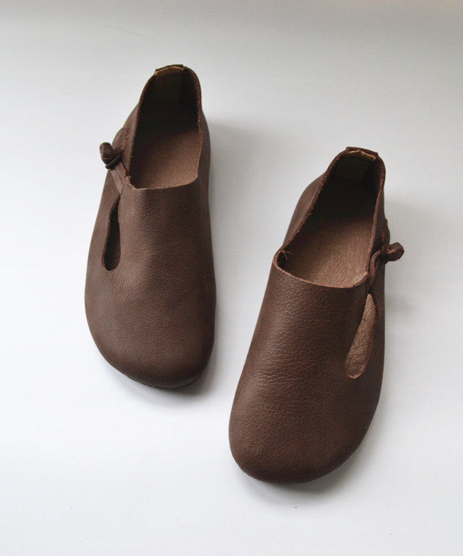 Apricot Cowhide Leather Splicing Flat Shoes For Women - Omychic