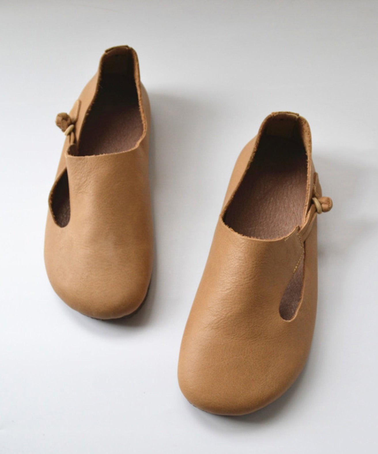 Apricot Cowhide Leather Splicing Flat Shoes For Women - Omychic