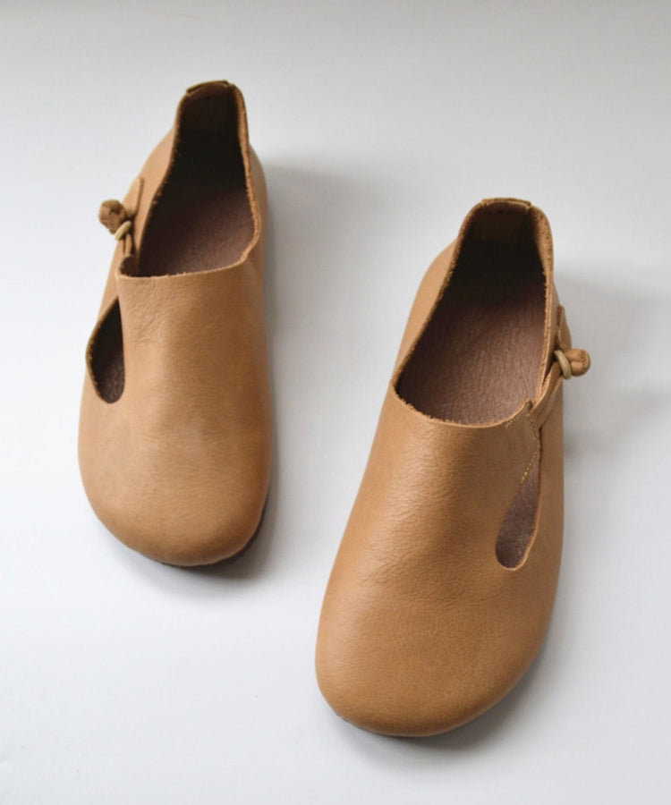 Apricot Cowhide Leather Splicing Flat Shoes For Women - Omychic