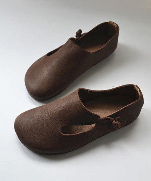 Apricot Cowhide Leather Splicing Flat Shoes For Women - Omychic