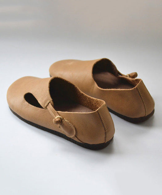 Apricot Cowhide Leather Splicing Flat Shoes For Women - Omychic