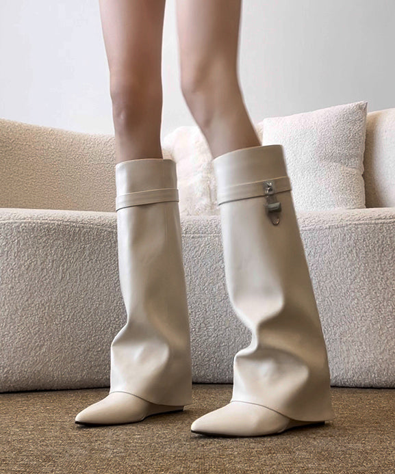 Apricot Cowhide Leather Splicing Wedge Heel Boots Pointed Toe