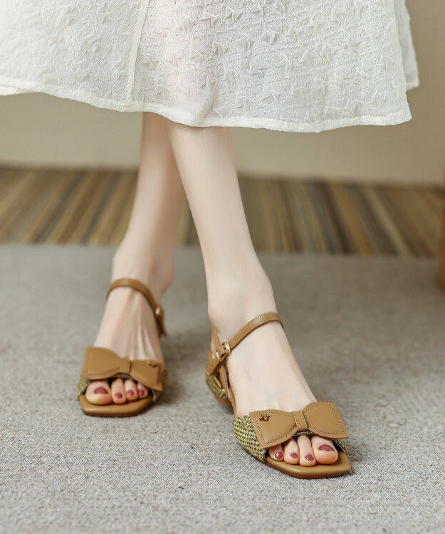 Apricot Cowhide Leather Walking Sandals Splicing Bow Buckle Strap