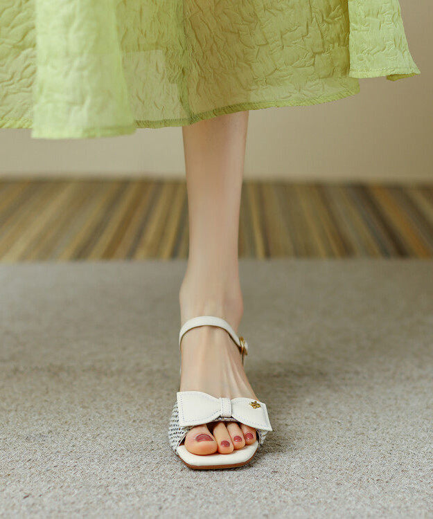 Apricot Cowhide Leather Walking Sandals Splicing Bow Buckle Strap