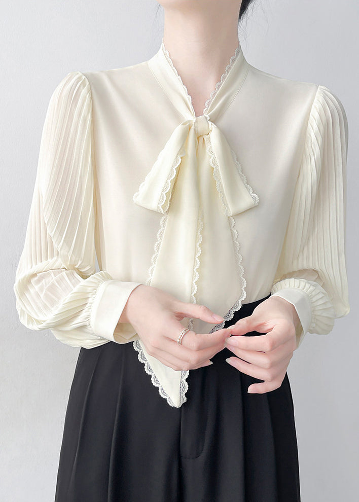 Apricot Draping Chiffon Blouses Bow Wrinkled Spring