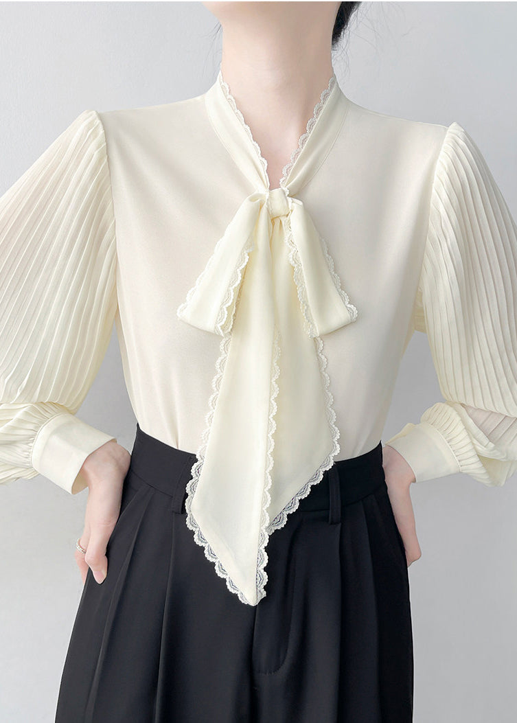 Apricot Draping Chiffon Blouses Bow Wrinkled Spring