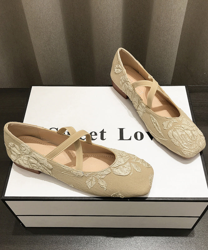 Apricot Embroidered Cross Strap Splicing Flat Shoes For Women