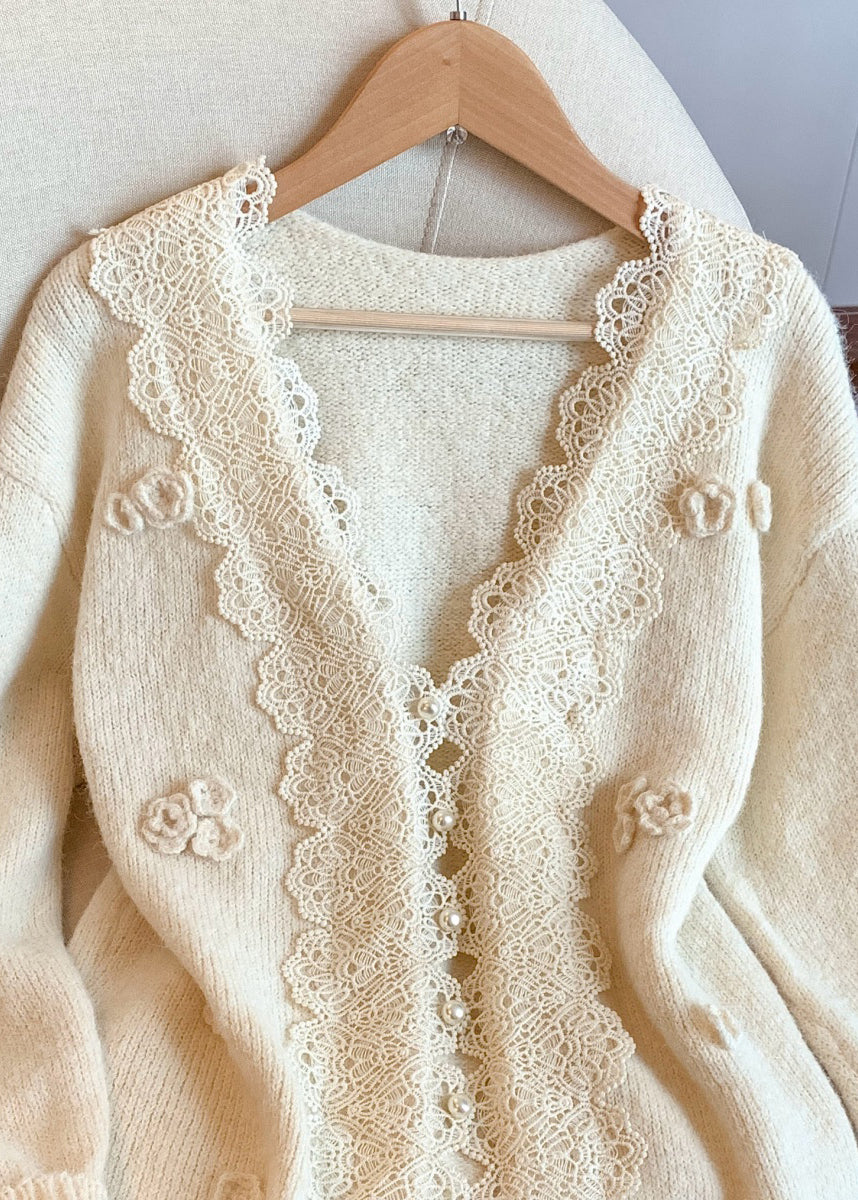 Apricot Floral Button Patchwork Knit Winter Coat V Neck