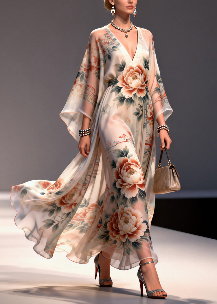 Apricot Floral Print Chiffon Maxi Dresses Exra Large Hem Summer - Omychic