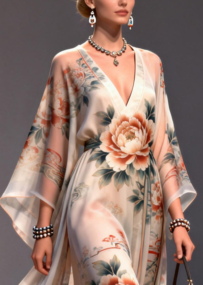 Apricot Floral Print Chiffon Maxi Dresses Exra Large Hem Summer - Omychic