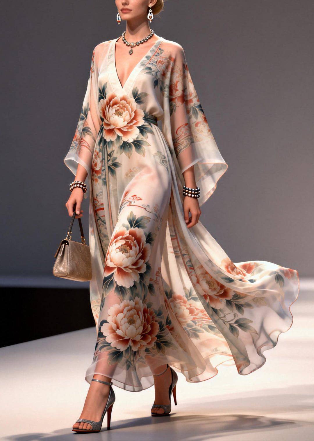 Apricot Floral Print Chiffon Maxi Dresses Exra Large Hem Summer - Omychic