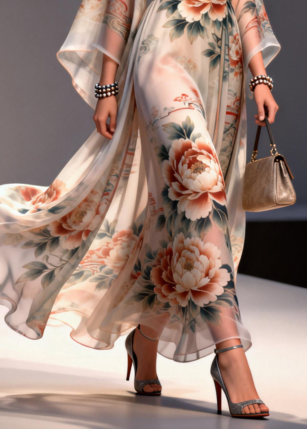 Apricot Floral Print Chiffon Maxi Dresses Exra Large Hem Summer - Omychic