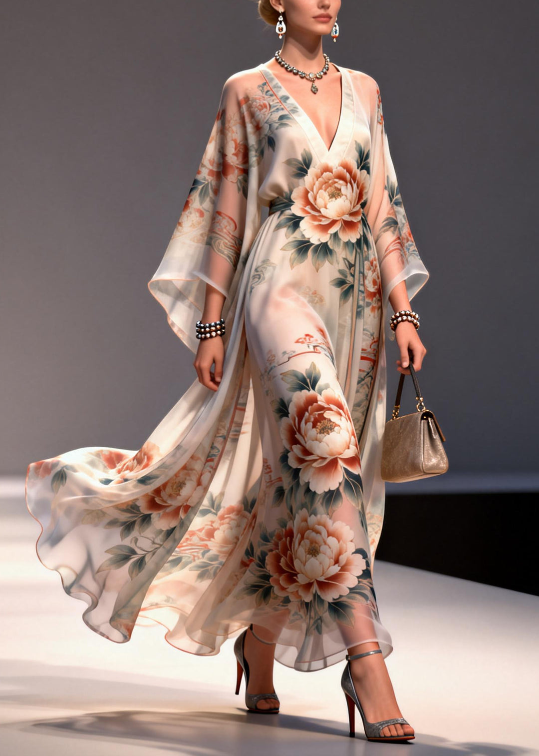 Apricot Floral Print Chiffon Maxi Dresses Exra Large Hem Summer - Omychic