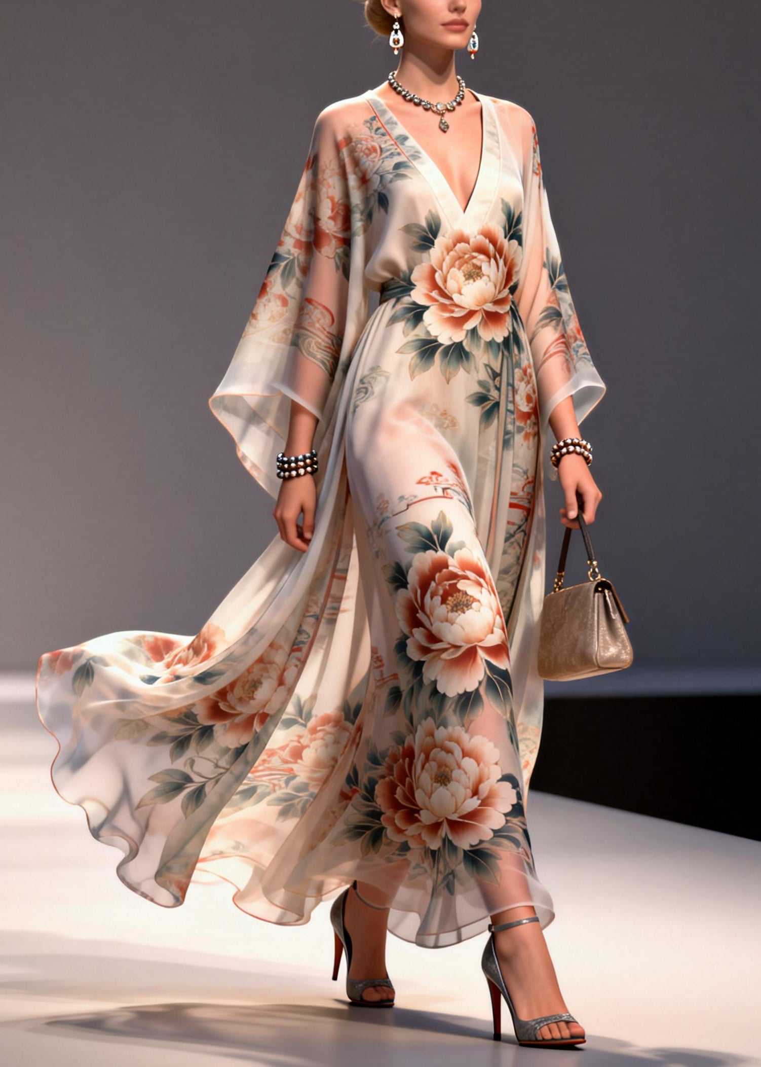 Apricot Floral Print Chiffon Maxi Dresses Exra Large Hem Summer - Omychic