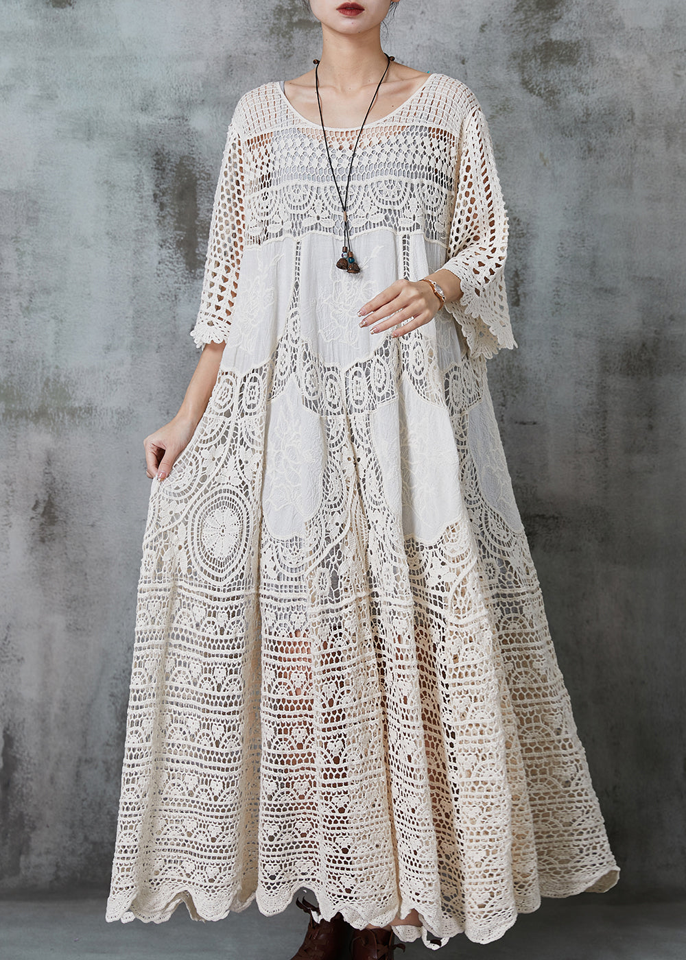 Apricot Hollow Out Cotton Long Dress Oversized Summer