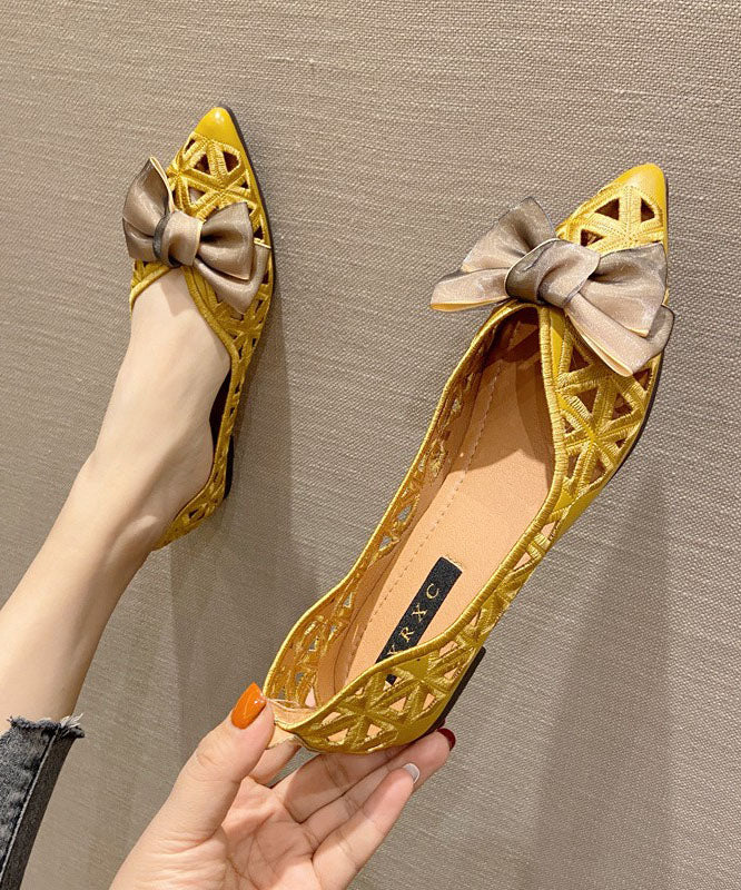 Apricot Hollow Out Flat Shoes Cotton Fabric 2026 Splicing Bow