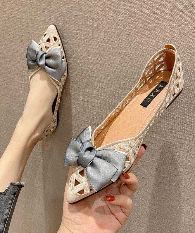 Apricot Hollow Out Flat Shoes Cotton Fabric 2026 Splicing Bow