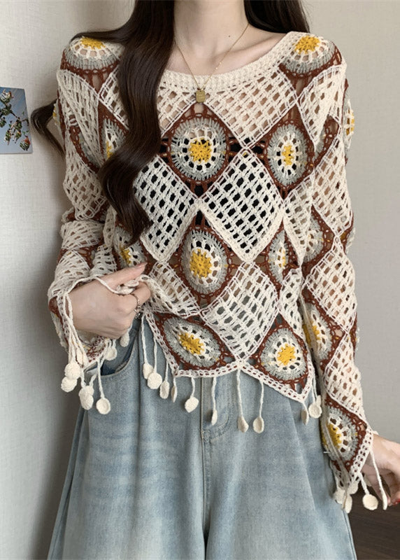 Apricot Hollow Out Knit T Shirt Fall