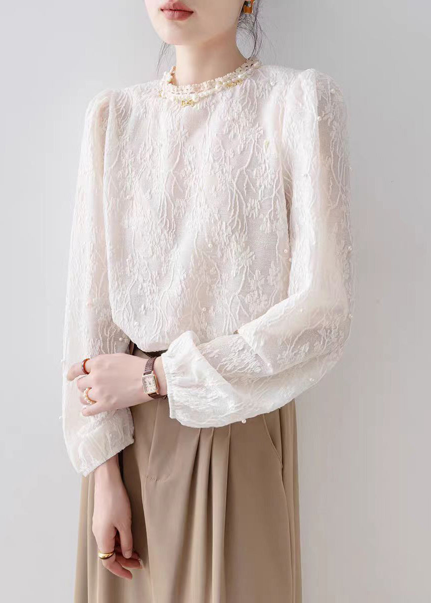 Apricot Jacquard Chiffon Shirt Tops Nail Bead Spring