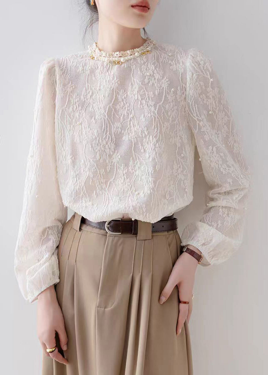 Apricot Jacquard Chiffon Shirt Tops Nail Bead Spring