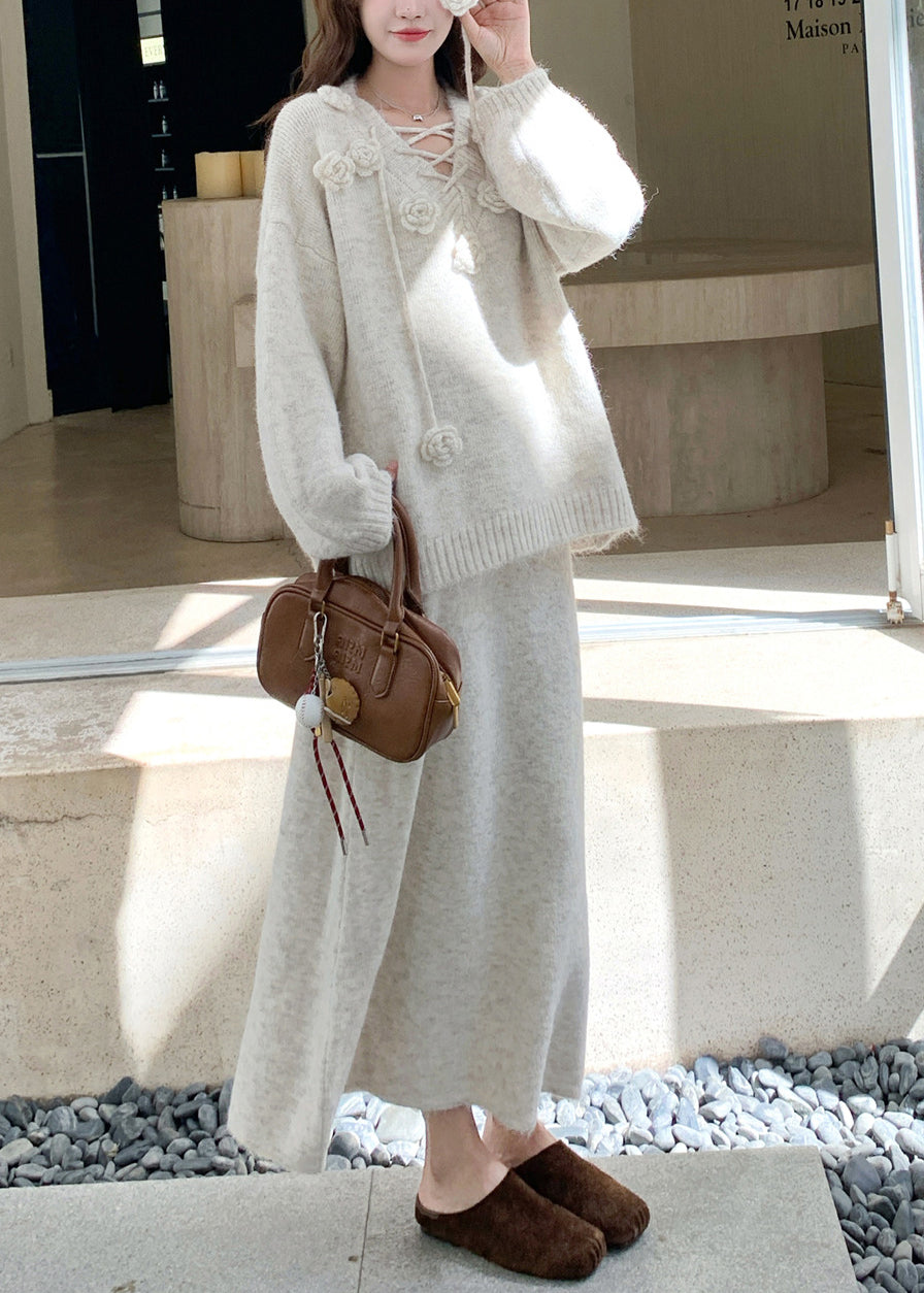 Apricot Lace Up Cozy Knit Winter Two Pieces Set V Neck