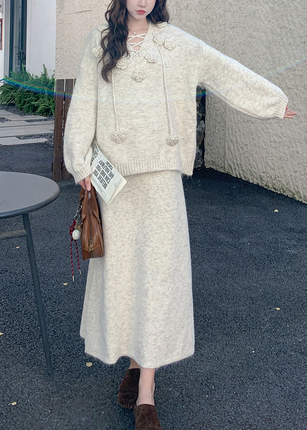 Apricot Lace Up Cozy Knit Winter Two Pieces Set V Neck