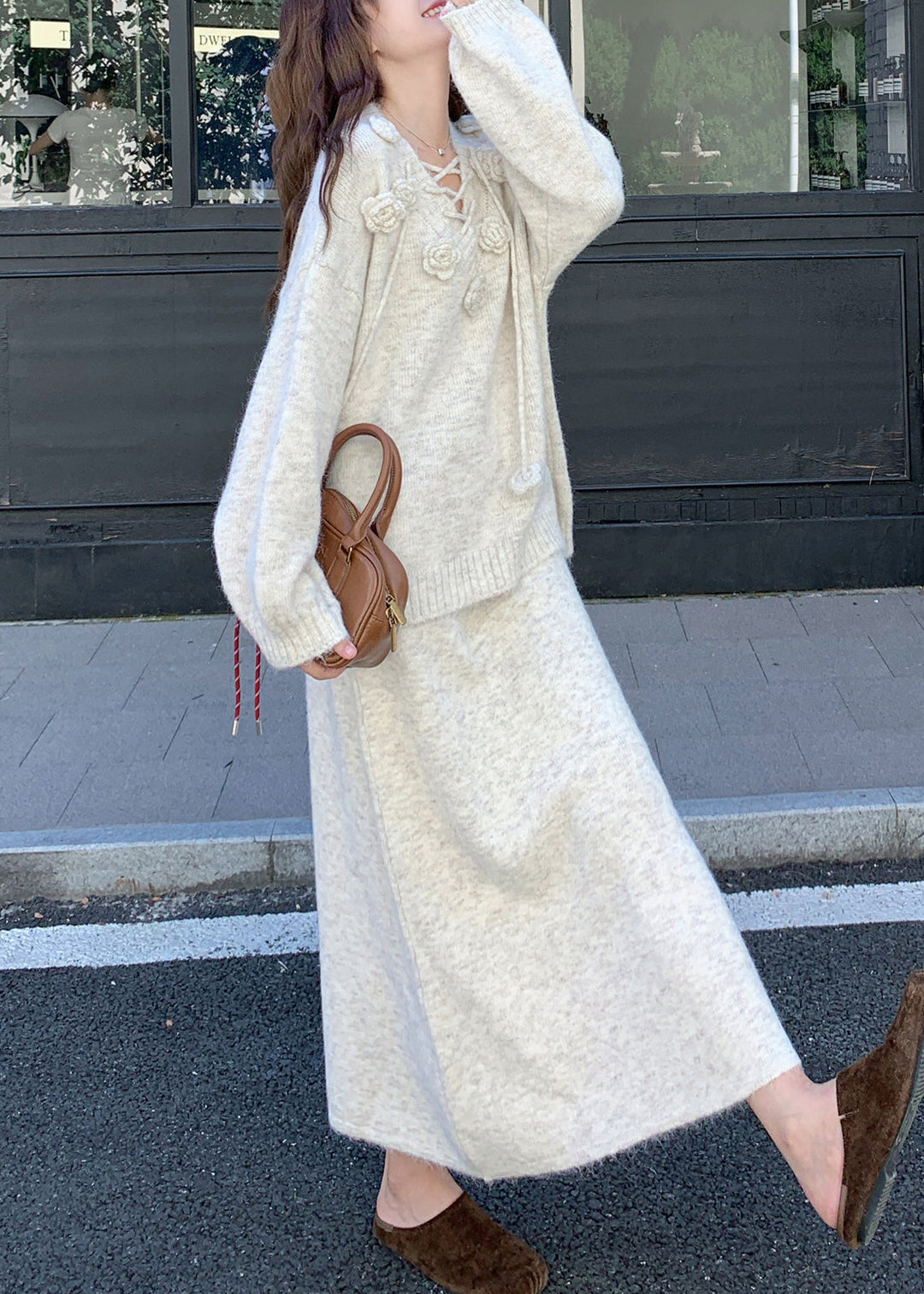 Apricot Lace Up Cozy Knit Winter Two Pieces Set V Neck