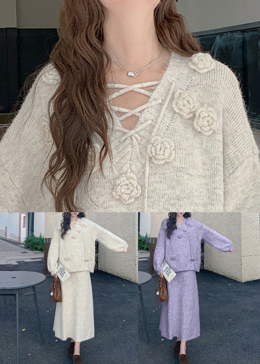 Apricot Lace Up Cozy Knit Winter Two Pieces Set V Neck
