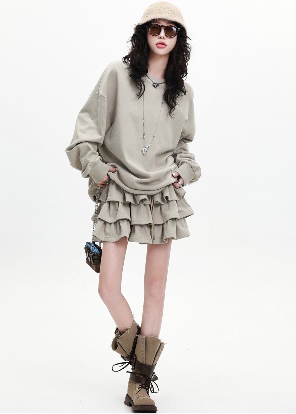 Apricot Loose Cotton Two Pieces Set Layered Ruffled Spring