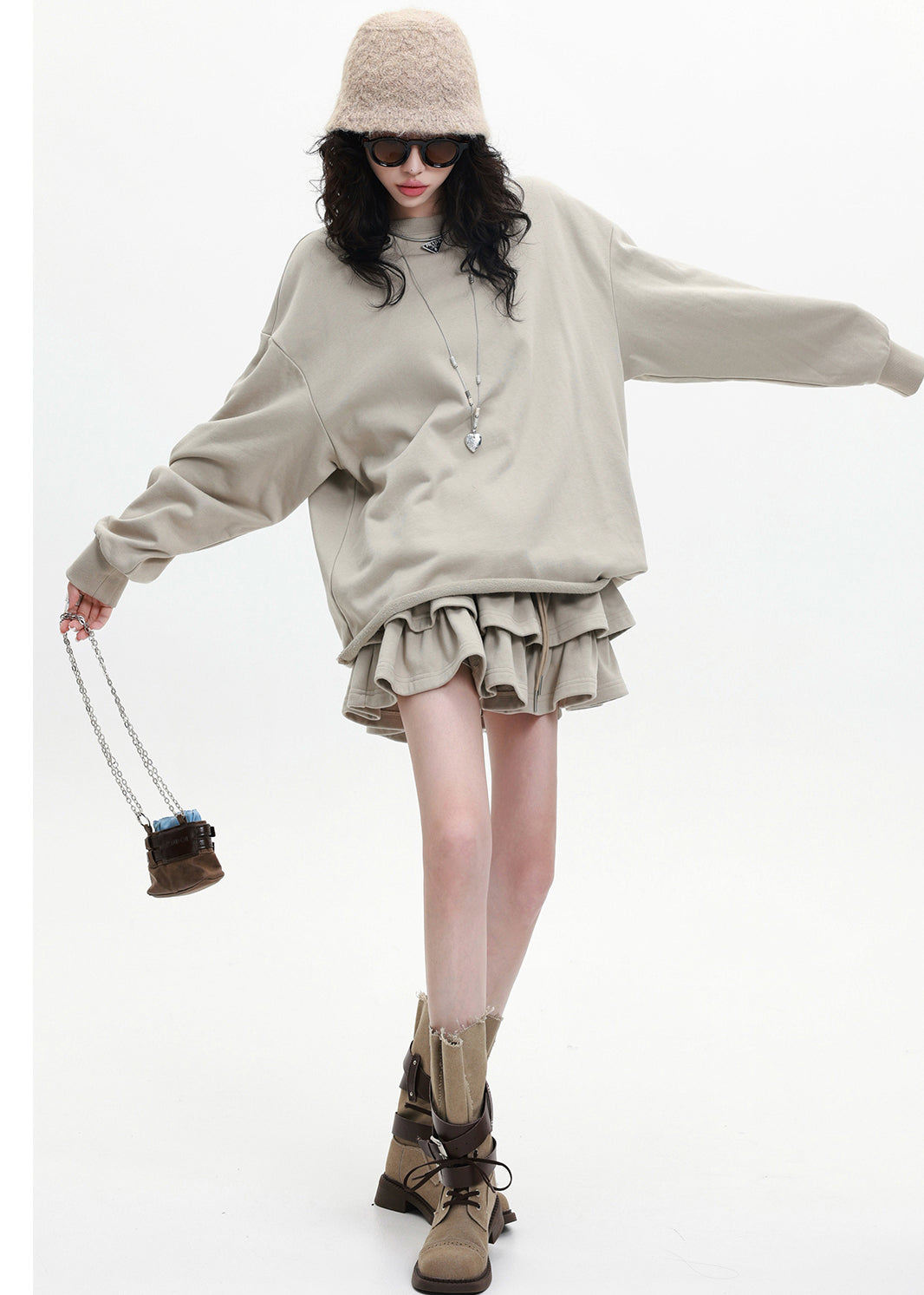 Apricot Loose Cotton Two Pieces Set Layered Ruffled Spring