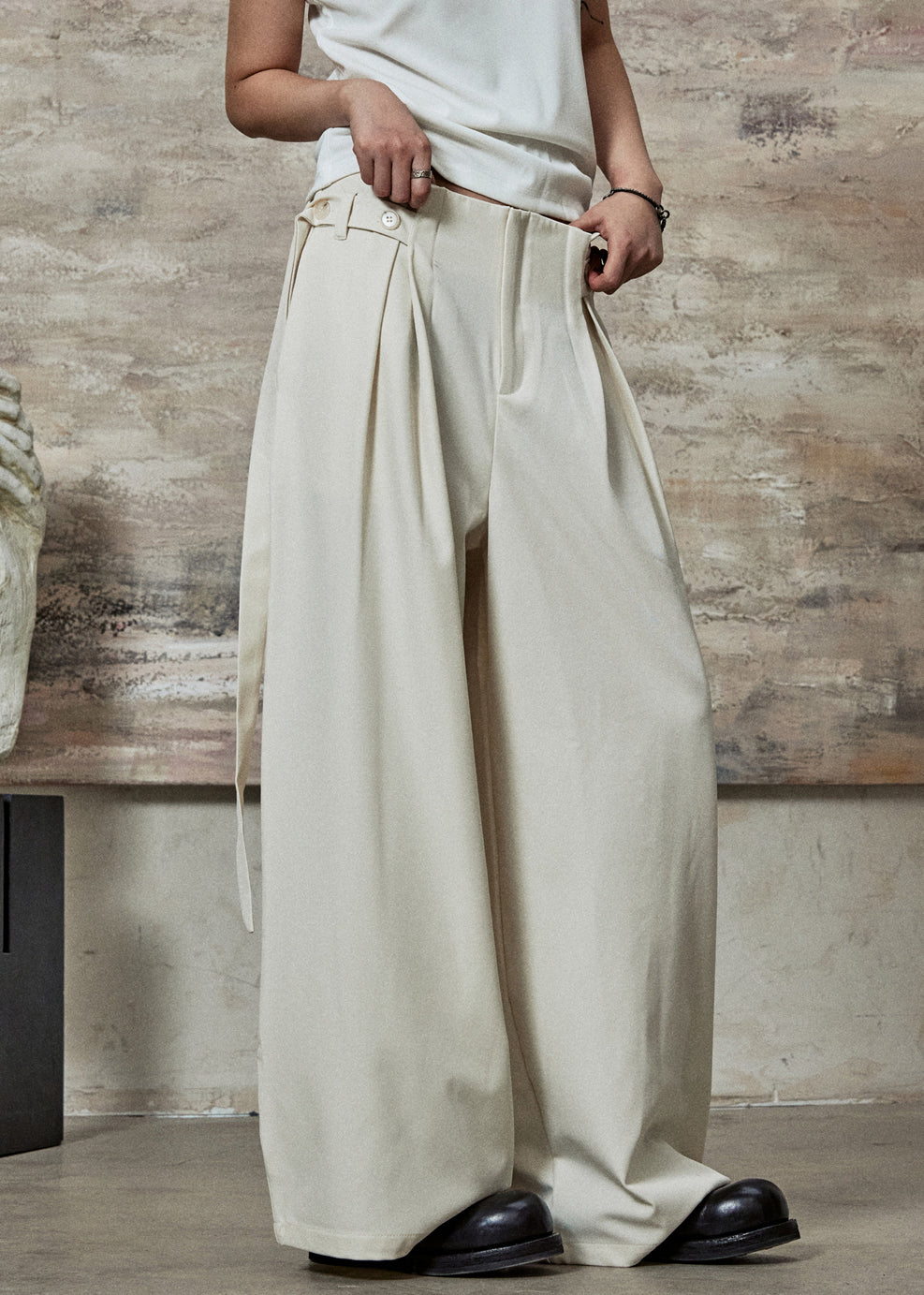 Apricot Original Design Pockets Spandex Wide Leg Pants High Waist