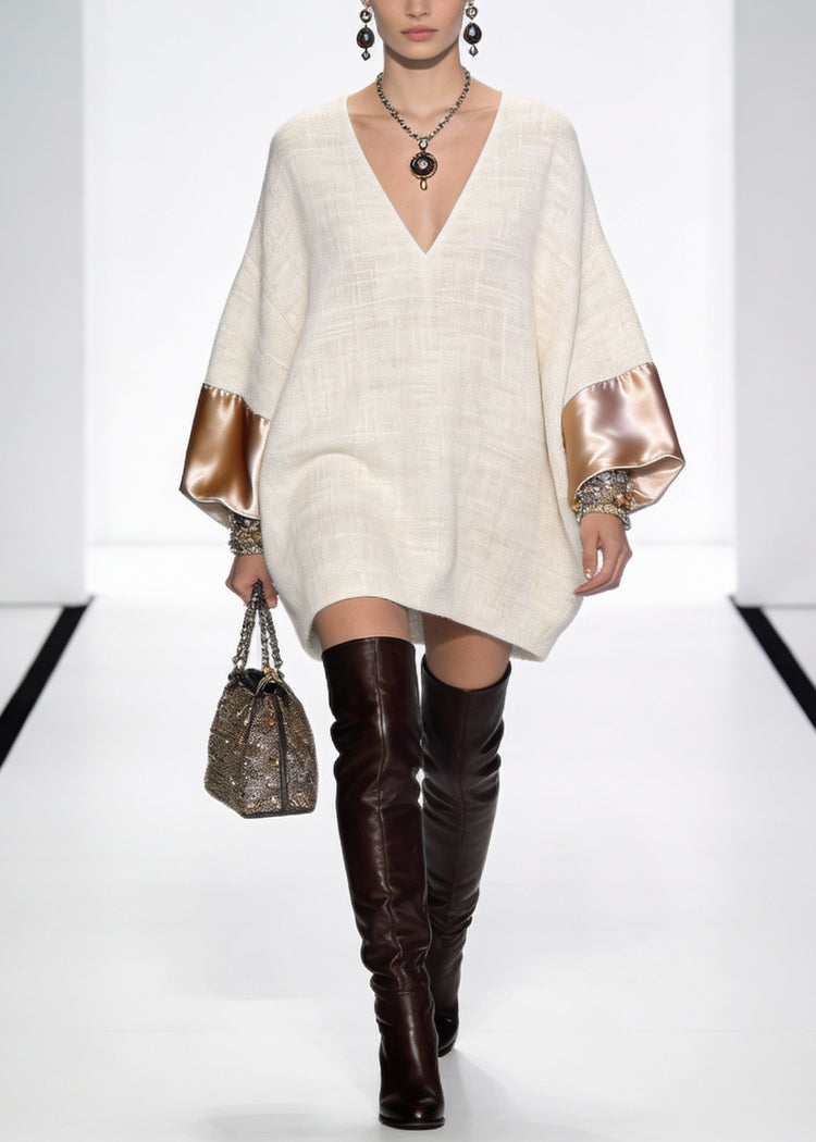 Apricot Original Design Silk Patchwork Mini Dresses V Neck Spring - Omychic