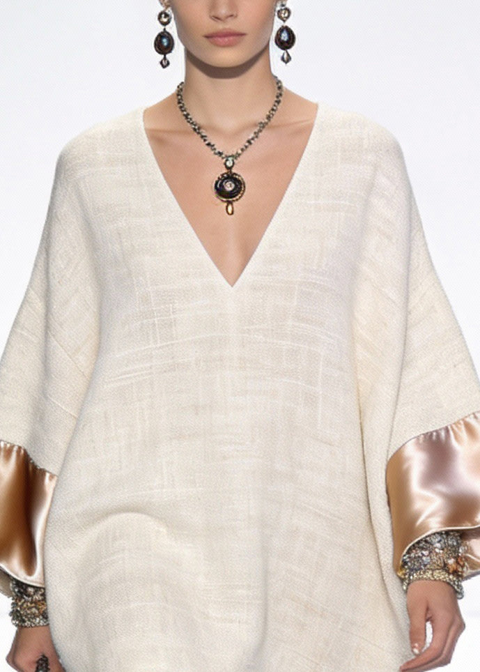 Apricot Original Design Silk Patchwork Mini Dresses V Neck Spring - Omychic