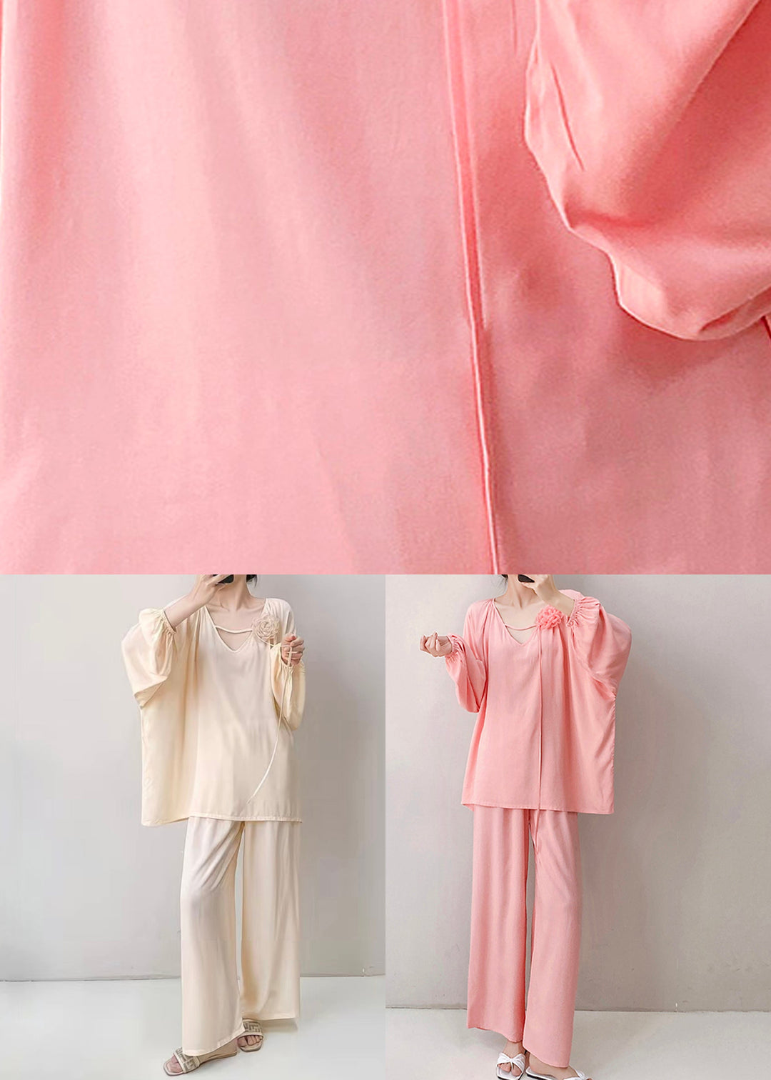 Apricot Oversized Solid Cotton Fall Pajamas Two Pieces Set V Neck