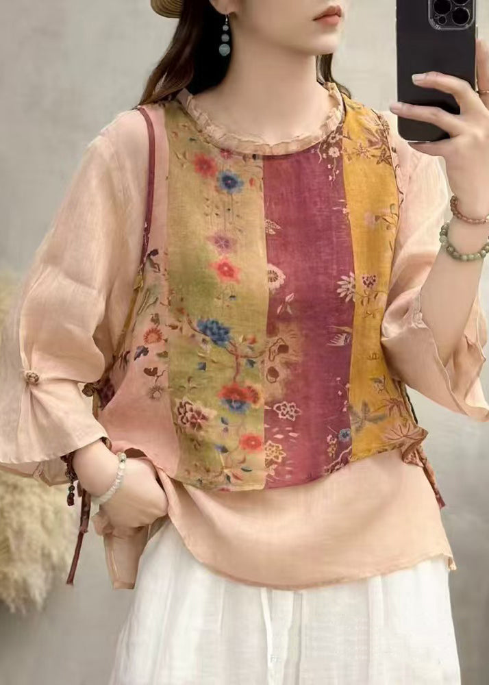 Apricot Patchwork Linen Blouses Oversized Print Bracelet Sleeve