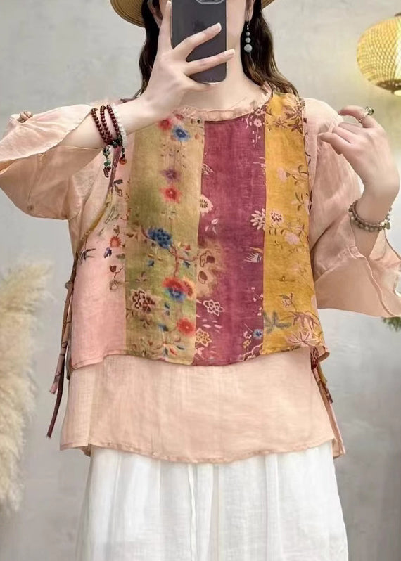 Apricot Patchwork Linen Blouses Oversized Print Bracelet Sleeve