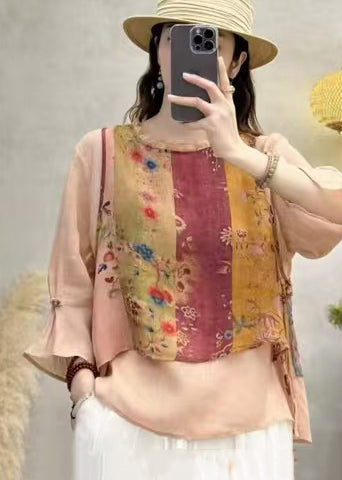 Apricot Patchwork Linen Blouses Oversized Print Bracelet Sleeve