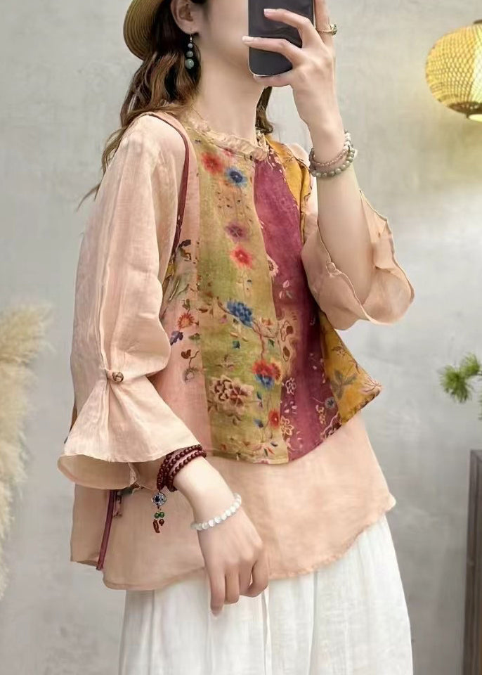 Apricot Patchwork Linen Blouses Oversized Print Bracelet Sleeve
