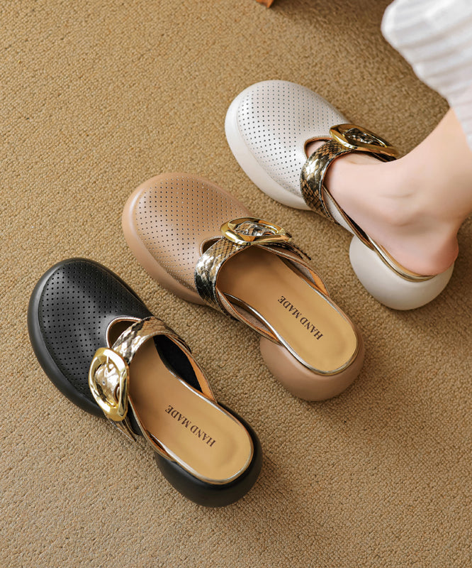 Apricot Platform Cowhide Leather 2025 Hollow Out Slide Sandals