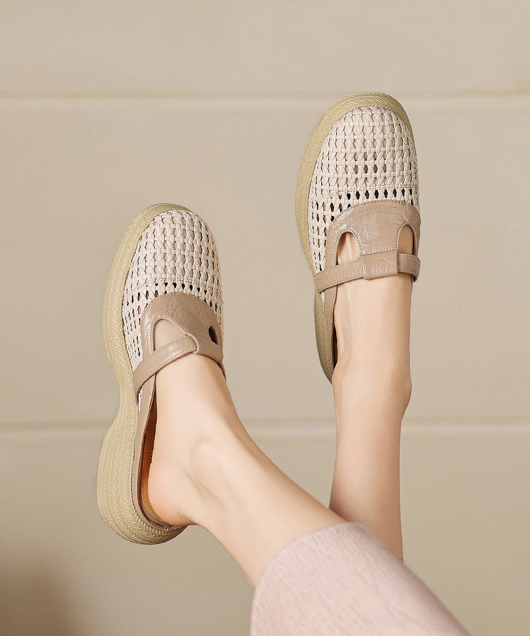 Apricot Platform Sheepskin Elegant Splicing Slide Sandals